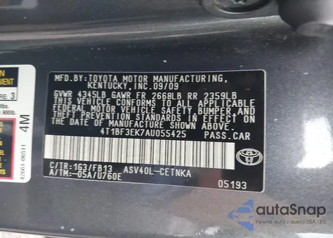 2010 Toyota Camry Le z USA, uszkodzony, nr VIN 4T1BF3EK7AU055425